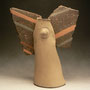 JIM JOHNSON, USA - WINGED VASE, HANDBUILT, COLOURED CLAYS, WINGS COMBED, APPLIED COLOURED CLAYS - 29cmH x 24cmW x 11cmD, 1.2kg - #JJ2R.....SOLD