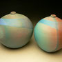 KIM MORGAN - ORB, MULTI COLOURED TURQUOISE, BLUE, DEEP RED MATTE GLAZE, 15cmH x 13D x 0.8kg, #KM264A&B .....SOLD