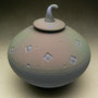 JIM KEMP, USA - LIDDED JAR, EARTHWARE, IMPRESSED PATTERN, DRY GLAZE, SPRAYED BLUE GREEN & BURGUNDY - 15cmH x 13cmD, 0.6kg - NZ$175 - #JK1R