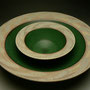 PETER SHEARER - LARGE FLAT RIMMED BOWL, STONEWARE, GREEN GLAZE, STAINED CRAWLING SLIP ON COMBED RIM, UNDERSIDE FLUTED - 9.5cmH x 36cmD, 2kg - # PS266.....BOTH SOLD