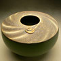 PETER SHEARER - FLATTENED ORB, STAINED SCORING, GREEN-BLACK GLAZE - LARGE - 14cmH x 18cmD, 1kg - #PS260.....SOLD