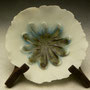 DAVID BROKENSHIRE, NZ - TINY BOWL, PORCELAIN, TISSUE THIN PINCHED POT, CELADON GLAZE WITH COBALT, END OF ONE PETAL MISSING, COMES WITH WOODEN STAND, SIGNED - 4.5cmH x 9.5cmD, 0.1kg - NZ$79 - #DB2R.....SOLD