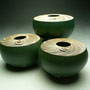 PETER SHEARER - FLATTENED ORB, STAINED SCORING, GREEN-BLACK GLAZE - SMALL - 11cmH x 16cmD, 0.7kg - NZ$90 - #PS199.....SOLD   / EXTRA SMALL - 8cmH x 11cmD, 0.3kg - #PS251, #PS252, #PS253.....ALL SOLD