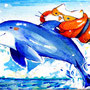 「イルカとしらたま」　100mm×130mm│水彩、コピック│8h