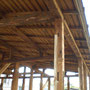 小屋梁に丸太が使われています。間取りと屋根の形が変わるので加工するところです。