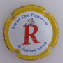 Marque : CHAURE Jean-Louis N° Lambert : NR Couleur : Fond blanc, contour jaune Description : Cycliste grimpant sur un "R" -  nom de la marque Emplacement : 