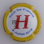 Marque : CHAURE Jean-Louis N° Lambert : NR Couleur : Fond blanc, contour jaune Description : Cycliste grimpant sur un "H" -  nom de la marque Emplacement : 