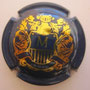 Marque :  MIGNON Charles N° Lambert : 9 Couleur :  Noir, écriture Or, dessin Or  Description : Blason contenant la lettre M surmonté d'un heaume    Emplacement : 