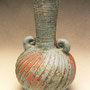 PETER SHEARER - SMALL VASE WITH LUGS, FLUTED, DRY TEXTURED GLAZE, BLUE/GREEN WITH SOME ORANGE/RUST - 16cmH x 9cmD - #PSR2.....SOLD