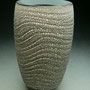 PETER SHEARER - SMALL TIDAL VASE - CARVED PATTERN, STAINED CRACKLE SLIP, BLACK/GRAY GLAZE ON TOP & INSIDE - 20cmH x 12cmD -#PS284.....SOLD