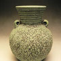 PETER SHEARER - SMALL VASE WITH LUGS -  BRUSHED TEXTURED SLIP, GREEN GLAZE - 17cmH x 12cmD - #VPS10