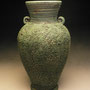 PETER SHEARER - LARGE VASE WITH LUGS, BRUSHED TEXTURED SLIP, GREEN GLAZE - 33cmH x 18cmD #VPS11.....SOLD