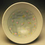 PETER SHEARER - BOWL, WHITE GLAZE WITH PINK & YELLOW DOTS, PURPLE LINES WITH BLUE OVERSPRAY - 7cmH x 19cmD #VPS23