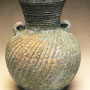 PETER SHEARER - SMALL VASE WITH LUGS, FLUTED, DRY TEXTURED GLAZE, BLUE/GREEN WITH SOME ORANGE/RUST - 18cmH x 14cmD - #VPS9.....SOLD