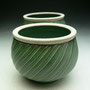 PETER SHEARER - OLIVE BOWLS - FLUTTED, GREENSTONE GLAZE WITH STAINED CRACKLE SLIP ON RIM - 7.5cmH x 9.5cmD ..... BOTH SOLD