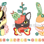 ◆ベクターイラスト（配色まで）＋素材塗り加工（質感）◆果物動物「洋梨馬」「林檎猫」「蜜柑兎」と芋虫／Fruit animals a pear horse, an apple cat, a mandarin orange rabbit, with green caterpillars
