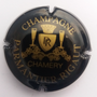 Marque : PARMANTIER -  RIGAUT N° Lambert : 10 Couleur :  Noir et or. Coupes pleines  Description : Initiales PR dans   blason surmonté d'une couronne   et encadré par deux flûtes  Emplacement : 