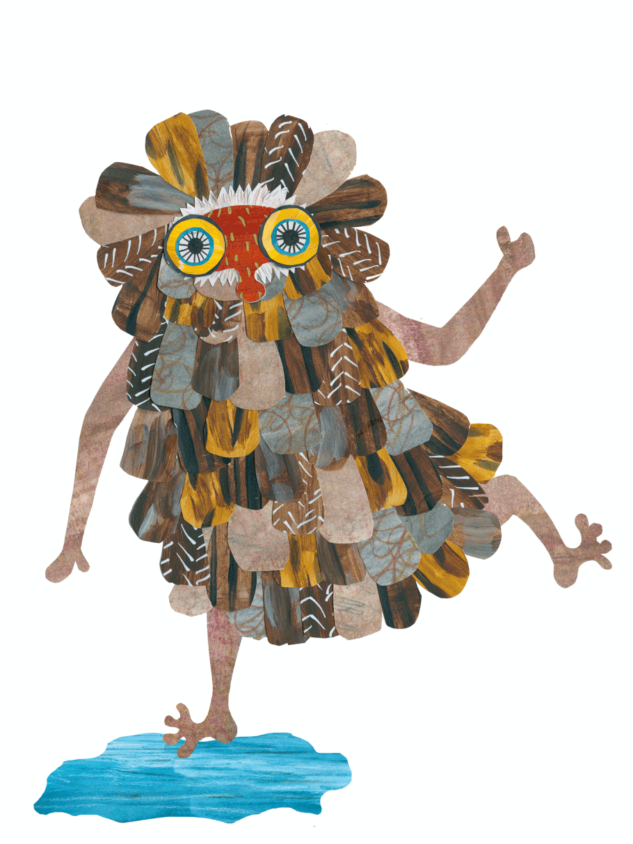 Dancing feathered monster, Character design. Collage in Brown and yellow by the jolly illustrator