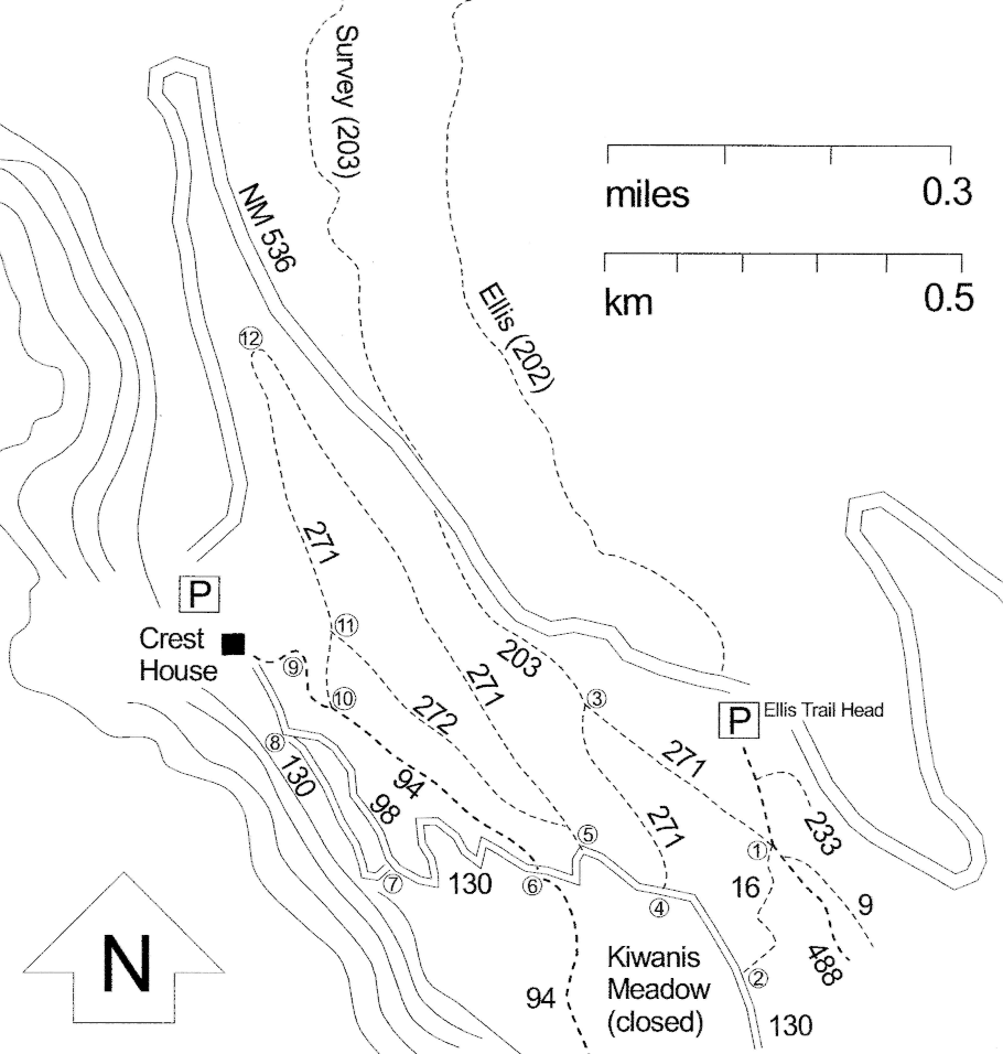 Trail map of the Sandia Crest area in the Sandia Mountains, Cibola National Forest, near Albuquerque, New Mexico