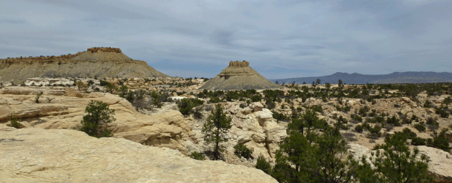 Sandstone badlands north of Marquez Wash. The hike as described loops around the butte at the center of the photo.