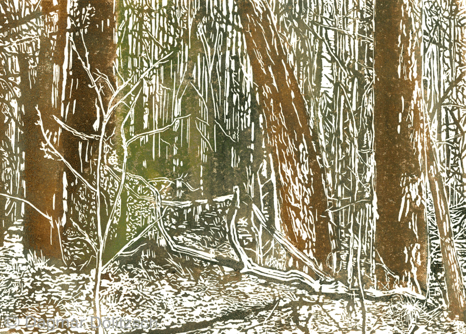 Künstlerin: Dagmar Dölitzsch, Titel: Wald, Technik: Linolschnitt, Format: 30cm x 20cm, Entstehungsjahr: 2020