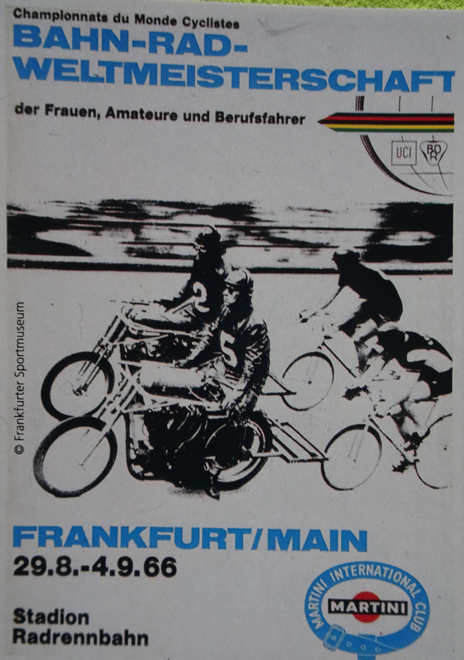 Postkarte mit dem Plakat zur 1966er Bahnrad-WM in Frankfurt