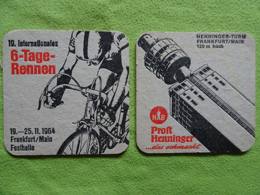 Auf dem 1964er Bierdeckel vereinen sich die beiden Frankfurter Radsport-Highlights: 6-Tagerennen und Henninger-Turm