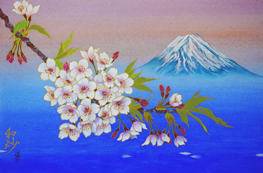 「桜富士図」サイズ:P4 技法:日本画 \140,800(税込)
