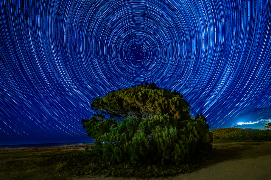 Star Trails on Lozari Beach in Corsica (France) around the Polaris Star of the celestial North Pole