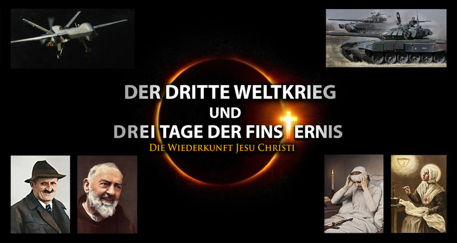 Die Parusie: Die Wiederkunft Jesu Christi inmitten apokalyptischer Szenen. Porträts bekannter Seher und Propheten wie Alois Irlmaier und Padre Pio. Kriegsszenen mit US-Drohne und russischen Panzern. Sonnenfinsternis und Kreuz als religiöse Symbole.