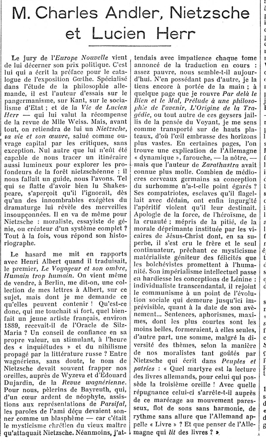 Andler, Nietzsche et Lucien Herr