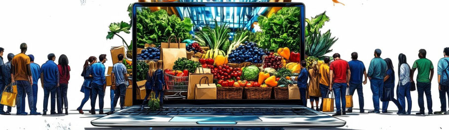 diferentes personas viendo un ordenador gigante, siendo atraidos por la mercadotecnia que se muestra en el ordenador