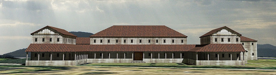 Frontbereich Villa rustica Wachenheim. Rekonstruktion von Archaeoflug 
