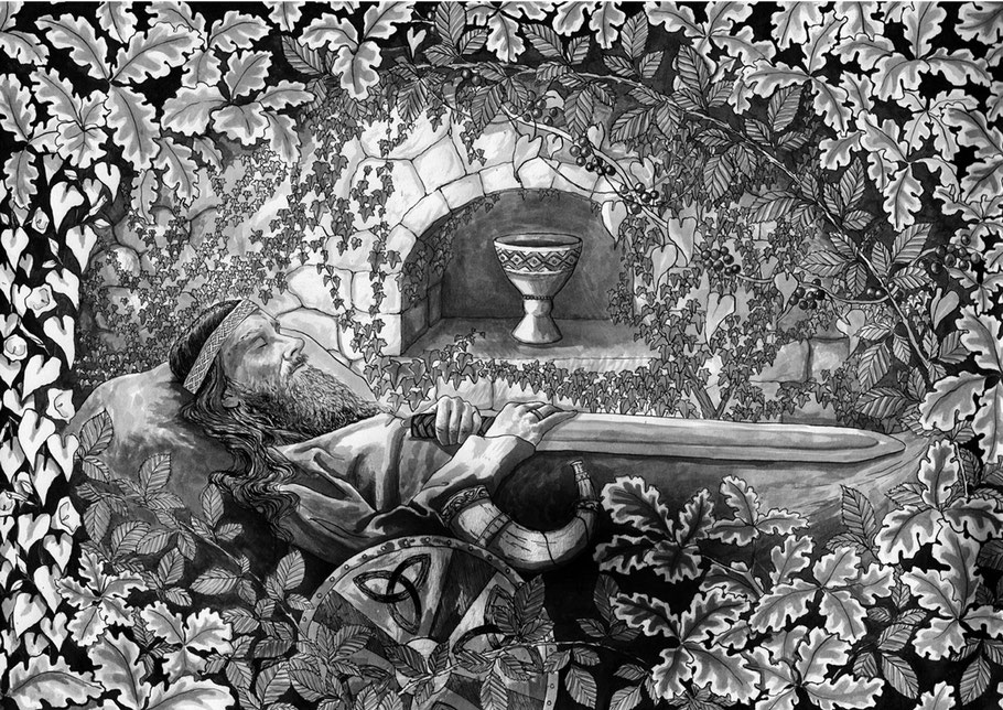 King under the mountain ink illustration for Creative Juices Brewing Company's gin called Disappear for a While by artist Rebecca Freeman 