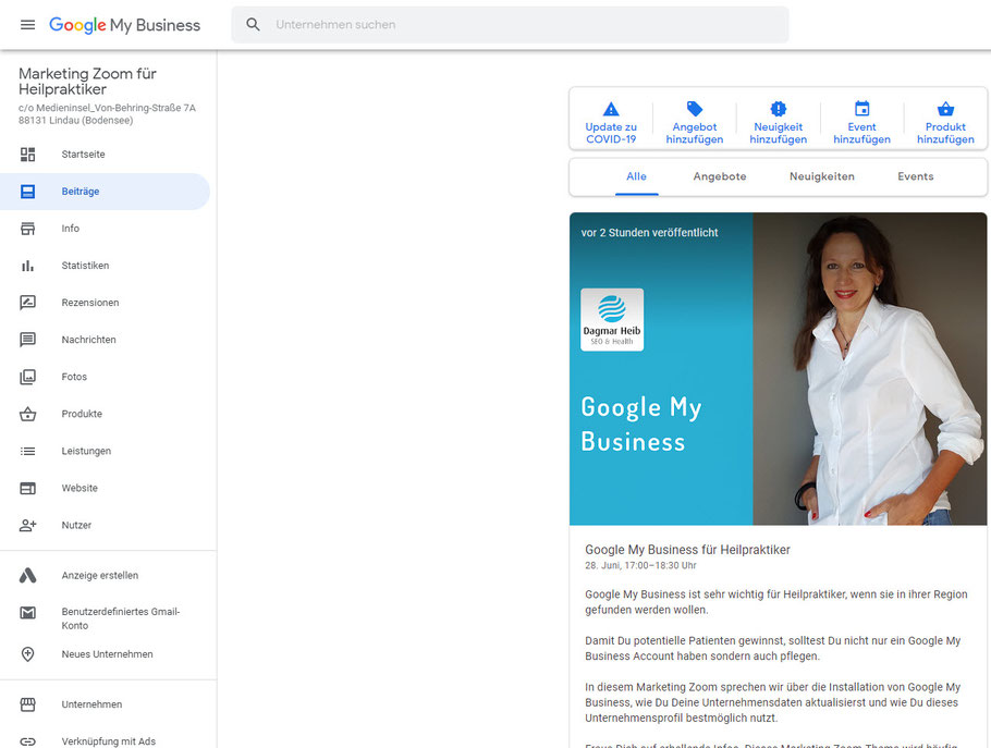 Dagmar Heib erläutert wie man in den internen Bereich von Google My Business gelangt