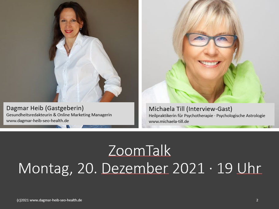 Im Zoom Talk spricht Gesundheitsredakteurin Dagmar Heib mit Expert*innen. Der Talk dauert 15 bis 30 Minuten und liefert einen kurzen und prägnanten Überblick über ein relevantes Lebensthema.