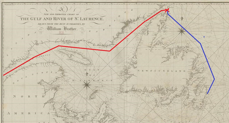 Carte de Terre-Neuve, en rouge la route du Canadian, en bleu la route du Jules avec les naufragés du nord de Terre-Neuve à Saint John, les vents étaient contraires et cette route n’a pas du être si directe pour durer 10 jours  