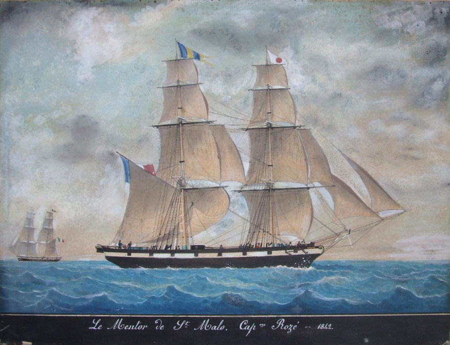 Brick le Mentor de Saint Malo 1842, les navires de la pêche au french shore étaient souvent des bricks ou des trois-mâts en bois (Musée de Saint Malo) 