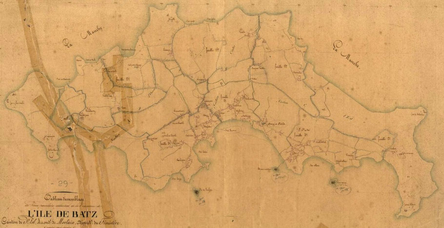 Plan d’assemblage du cadastre de l’île de Batz en 1846, les principaux quartier sont : Le Ru, Le Vénoc, Kénécaou, Pors an Eog, le Vil, et au nord Goales