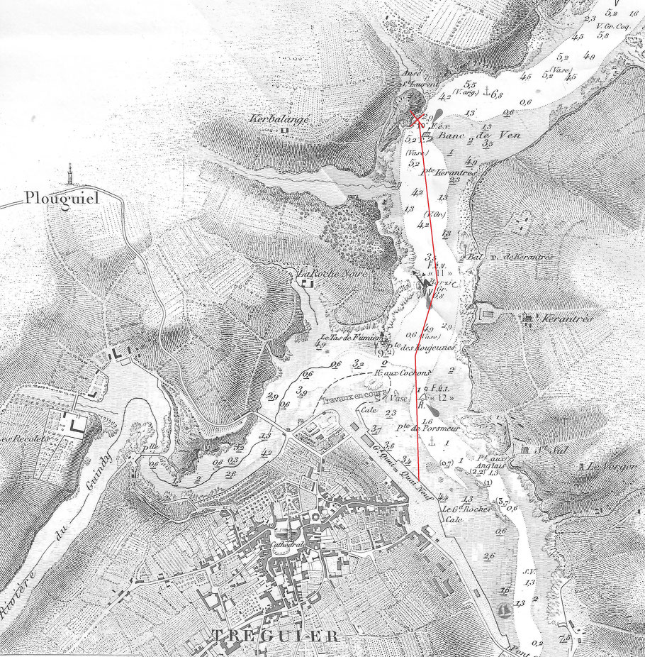 Carte de rivière de Tréguier, la route parcourue par le Protégé de Notre Dame des Victoires n’était certainement pas aussi directe que ce tracé, il semble qu’il était obligé de tirer des bords en rivière 