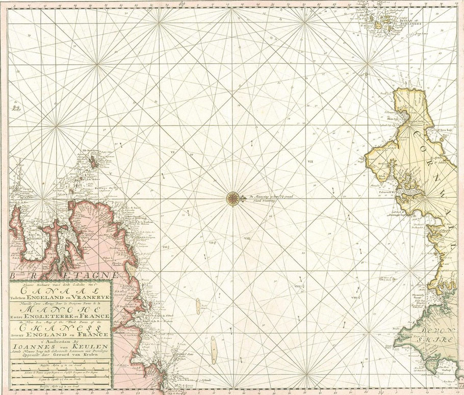 Carte hollandaise de l’entrée de la Manche de 1680 par Johannés van Keulen, l’ouest est en haut de la carte