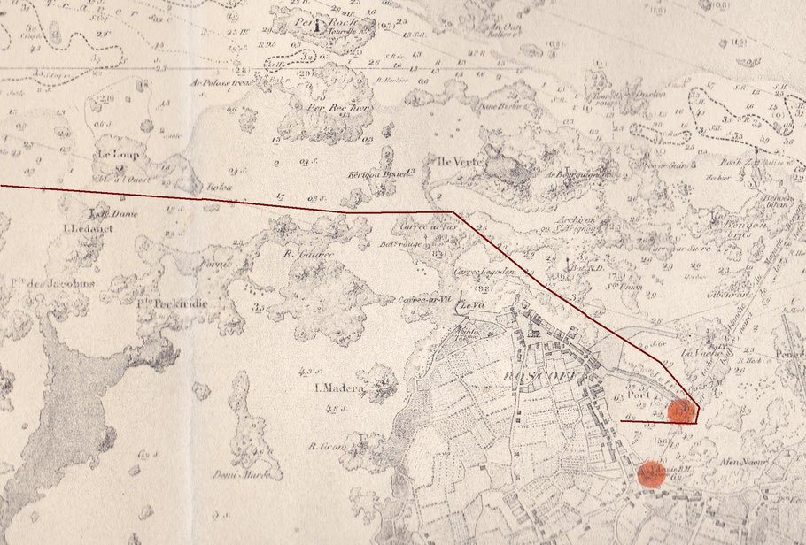 Chemin parcouru par les dromes depuis les cailloux de Santec jusqu’au port de Roscoff avant la construction du nouveau quai , sur cette carte marine de 1921 ou le nouveau quai est représenté en cours de construction