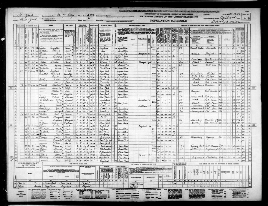 US Census 1940: Minnie und Peter sind in den Zeilen 52 und 53 erfasst