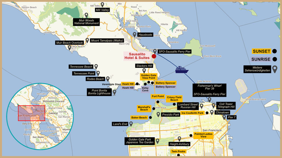 USA, Reise, Kalifornien, San Francisco, Sausalito, Golden Gate Bridge, Fishermans Wharf, Lombard Street, Golden Gate Recreation Area, Pier 39, Painted Ladies, Haight/Ashbury, Fort Point, Coit Tower