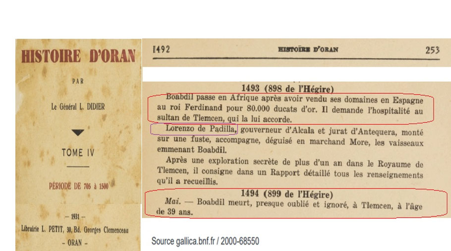 Exil de Boabdil auprès du Roi de Tlemcen, sous la surveillance de Lorenzo de Padilla, gouverneur d'Alcala et jurat d'Antequera