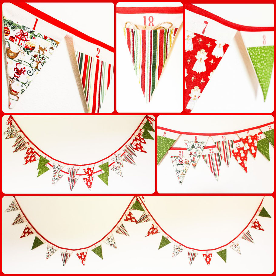 Advent Calendar Bunting - traditional, red/green/gold. Pocketed flags to fill with treats. 