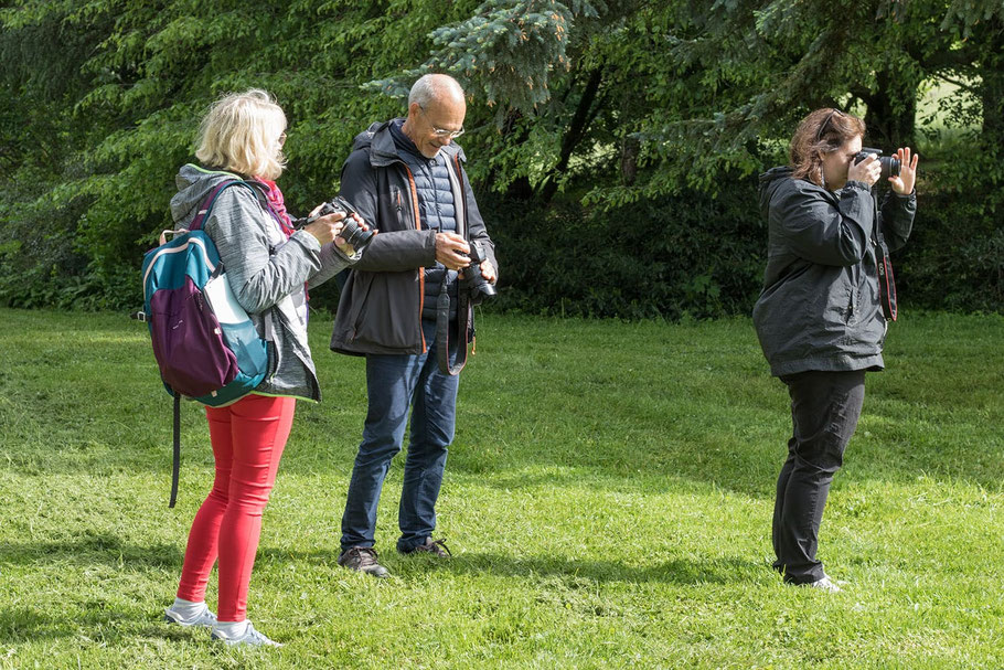Trois personnes manipulent leur appareil photo lors d'un stage pour débutants dans un parc de Chambéry