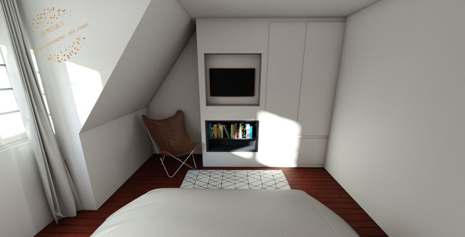 la maison 17 architecture interieure décoration agencement chambre mobilier sur mesure tête de lit meuble TV rangement suspension applique marsala quimper  vue 3D