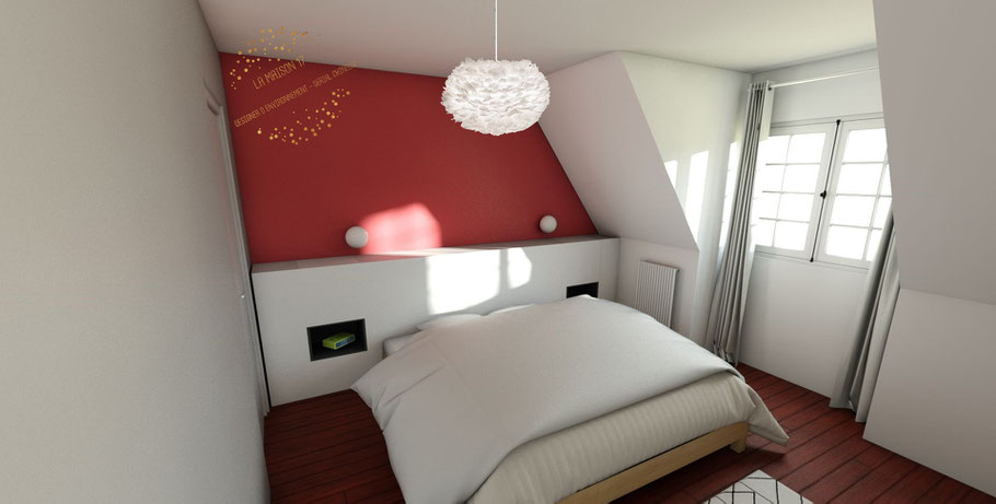 la maison 17 architecture interieure décoration agencement chambre mobilier sur mesure tête de lit meuble TV rangement suspension applique marsala quimper  vue 3D