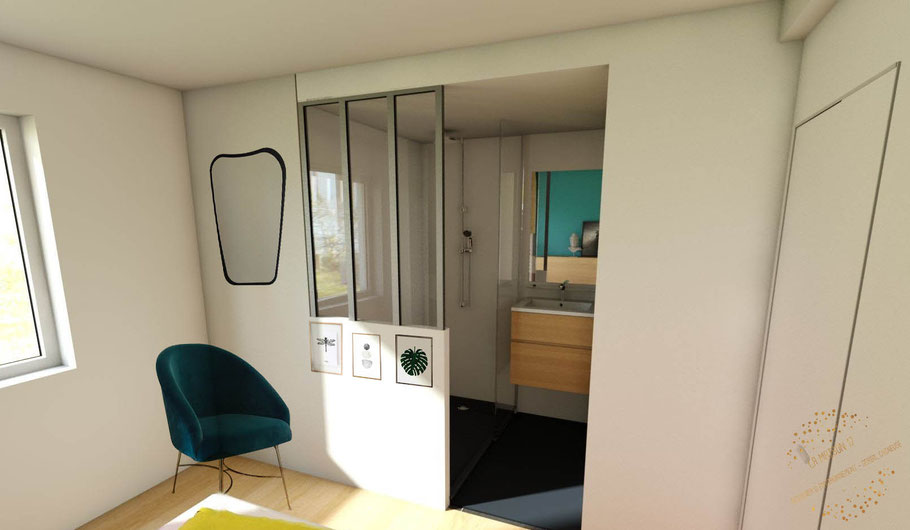 Architecture interieure decoration agencement la maison 17 quimper finistere  mobilier sur mesure tête de lit dressing rangement salle de bain suite parentale verrière chambre 